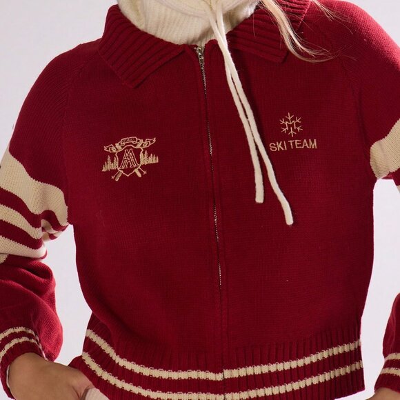 Red And White Casual Women's Embroidered Chunky Knit Stripe Cardigan - Picture 6 of 7